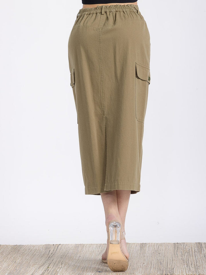 WOMEN'S ELASTIC WAIST BUTTON CLOSURE CARGO POCKETS DENIM MIDI SKIRT