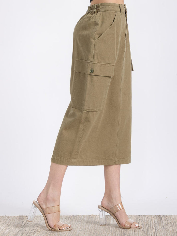 WOMEN'S ELASTIC WAIST BUTTON CLOSURE CARGO POCKETS DENIM MIDI SKIRT