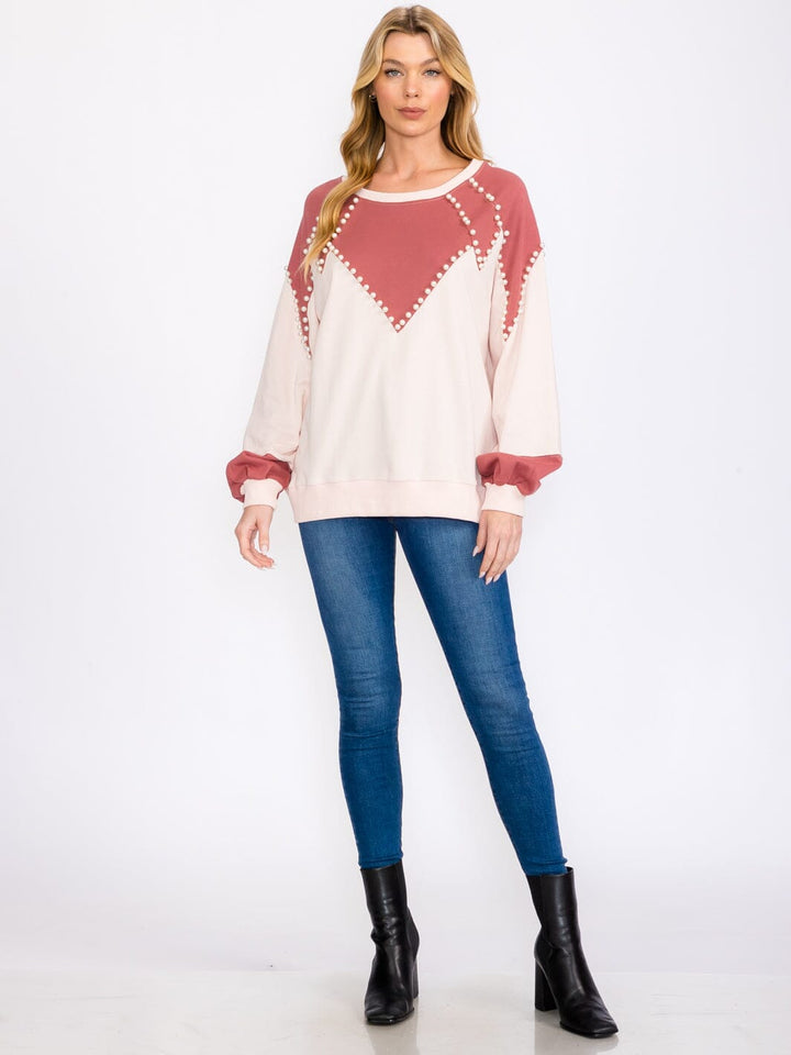 WOMEN'S LONG SLEEVES PEARL DETAILED PULLOVER COLORBLOCK SWEATER
