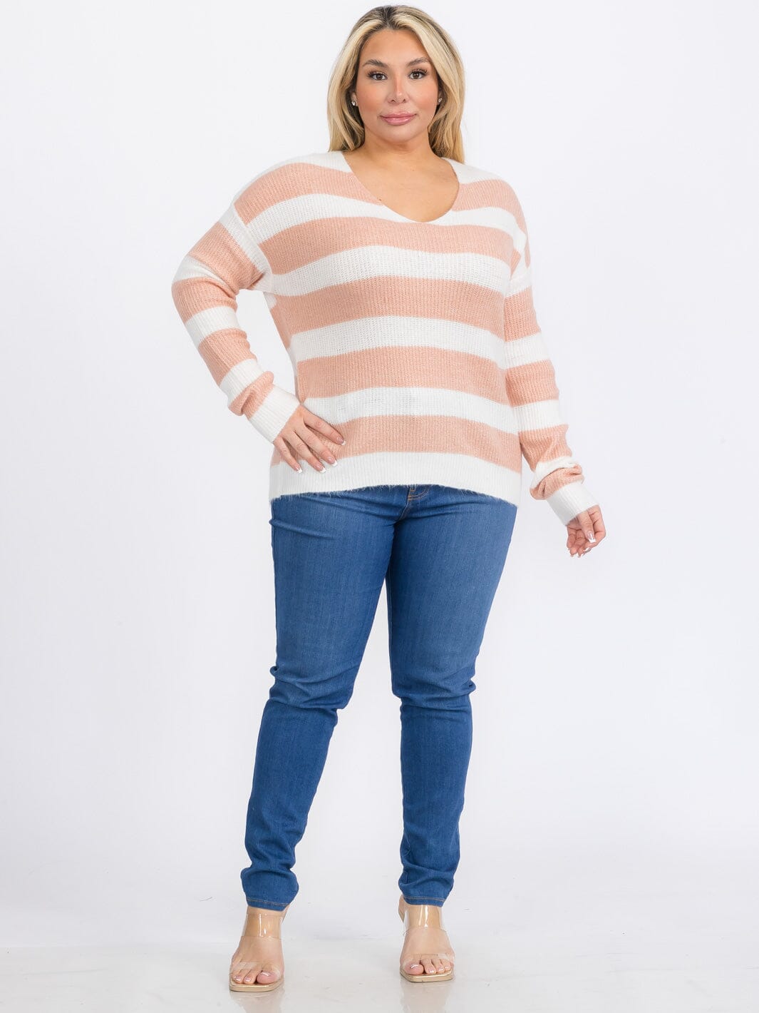PLUS SIZE LONG SLEEVES PULLOVER V-NECK COLORBLOCK STRIPES SWEATER