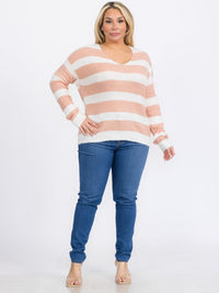 PLUS SIZE LONG SLEEVES PULLOVER V-NECK COLORBLOCK STRIPES SWEATER