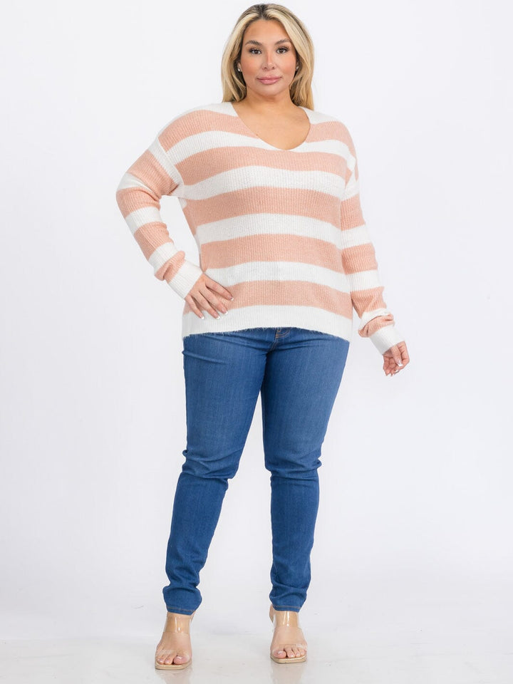 PLUS SIZE LONG SLEEVES PULLOVER V-NECK COLORBLOCK STRIPES SWEATER