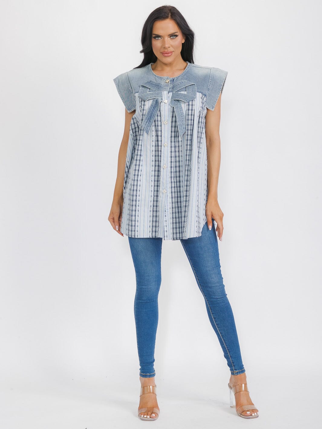 WOMEN'S SLEEVELESS BUTTON UP DENIM CONTRAST BOW TUNIC TOP