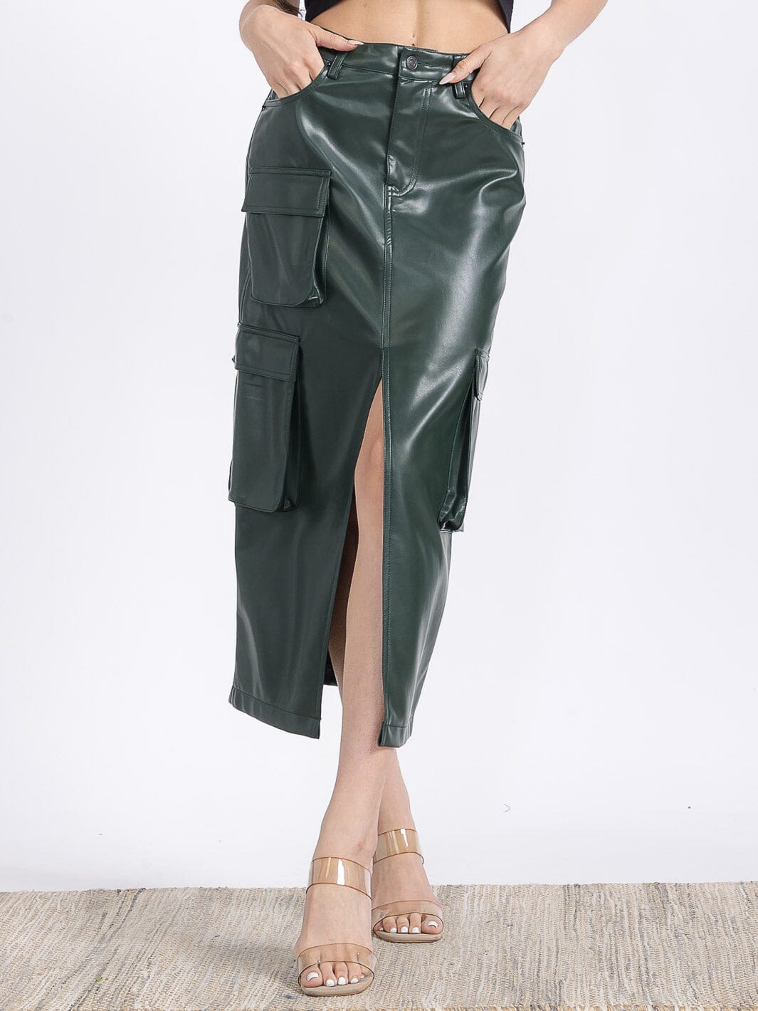 WOMEN'S BUTTON CLOSURE POCKETS PU PLEATHER MIDI SKIRT