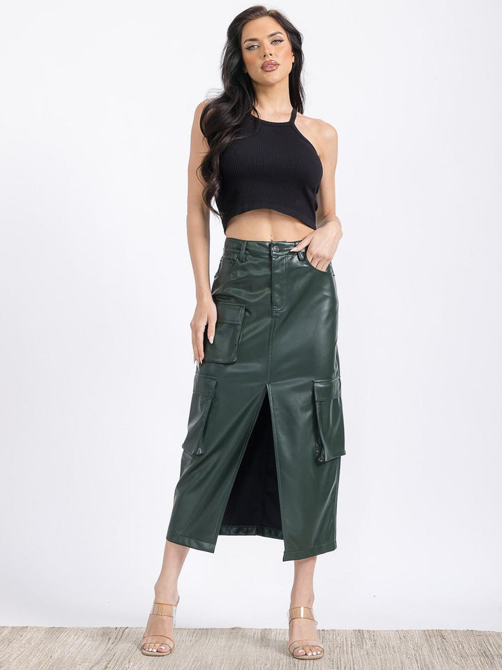 WOMEN'S BUTTON CLOSURE POCKETS PU PLEATHER MIDI SKIRT