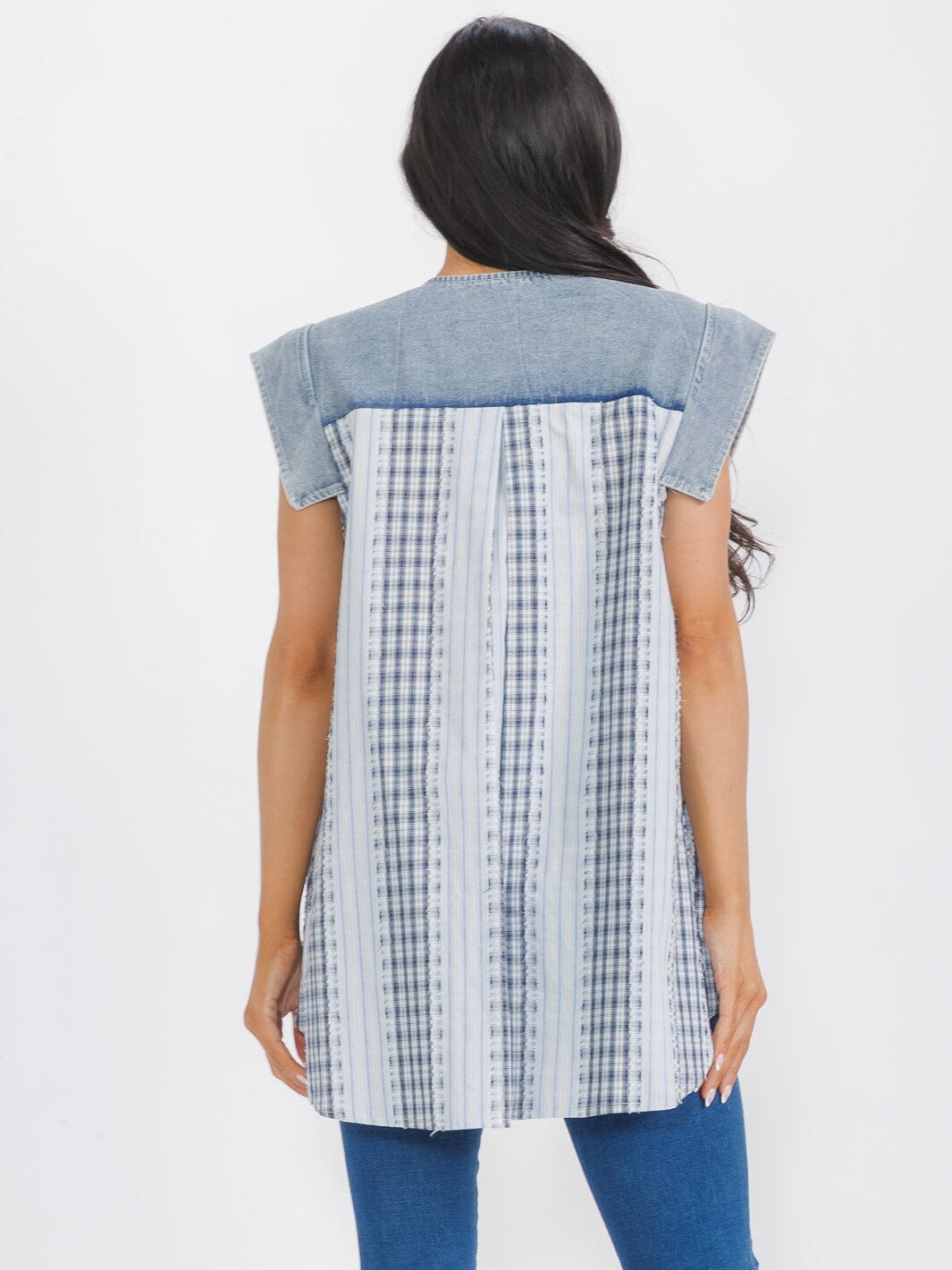 WOMEN'S SLEEVELESS BUTTON UP DENIM CONTRAST BOW TUNIC TOP