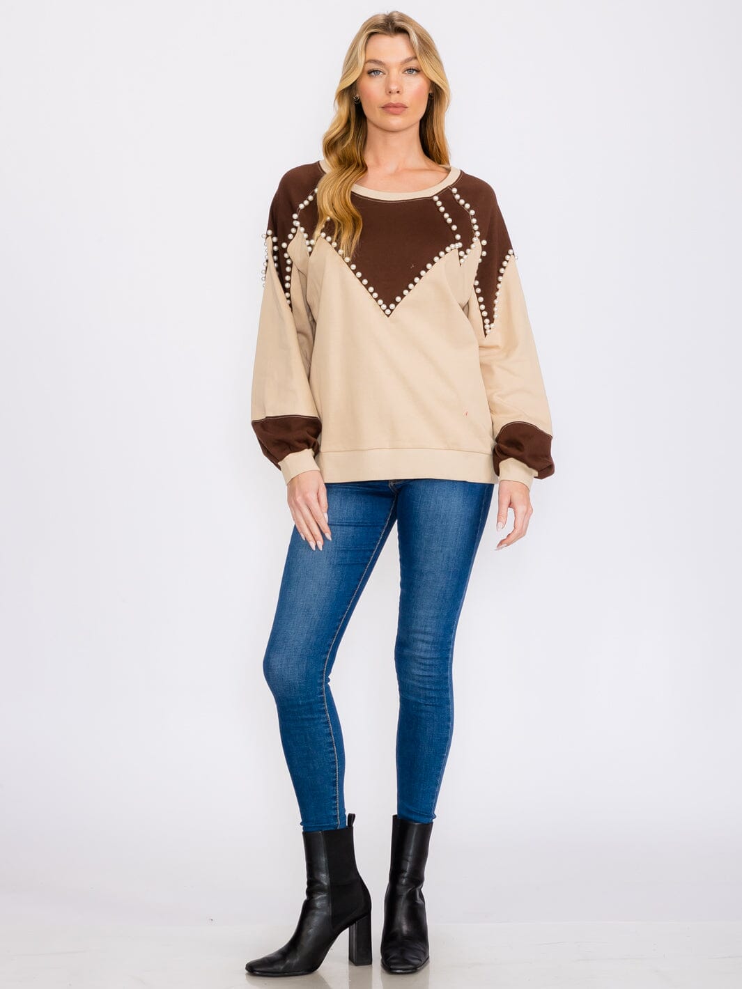 WOMEN'S LONG SLEEVES PEARL DETAILED PULLOVER COLORBLOCK SWEATER