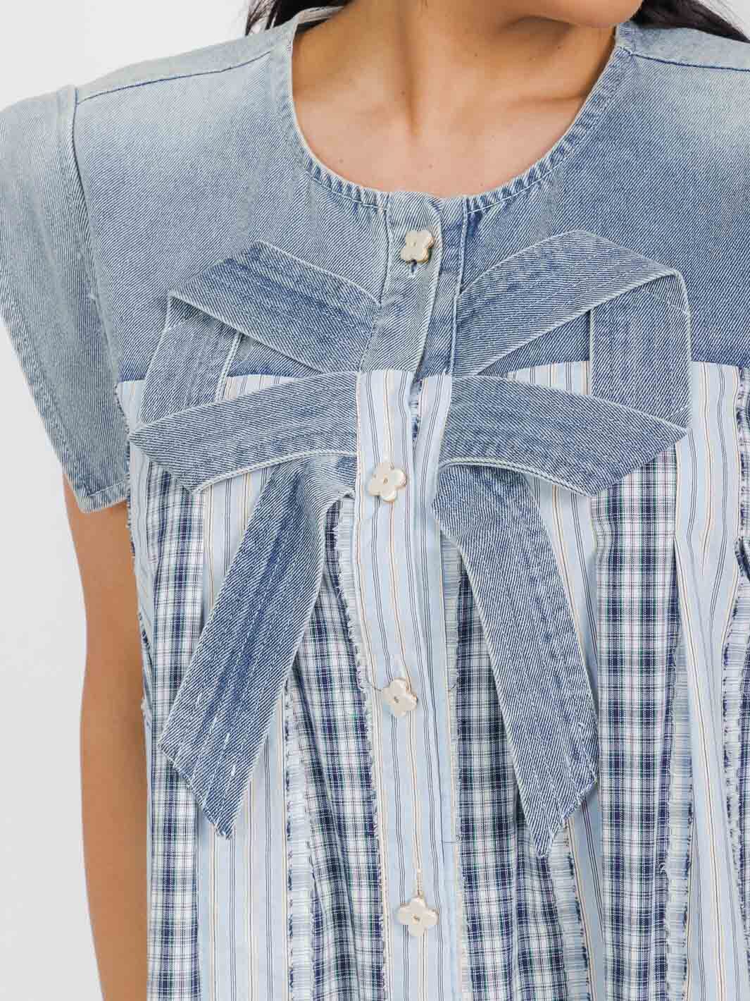 WOMEN'S SLEEVELESS BUTTON UP DENIM CONTRAST BOW TUNIC TOP