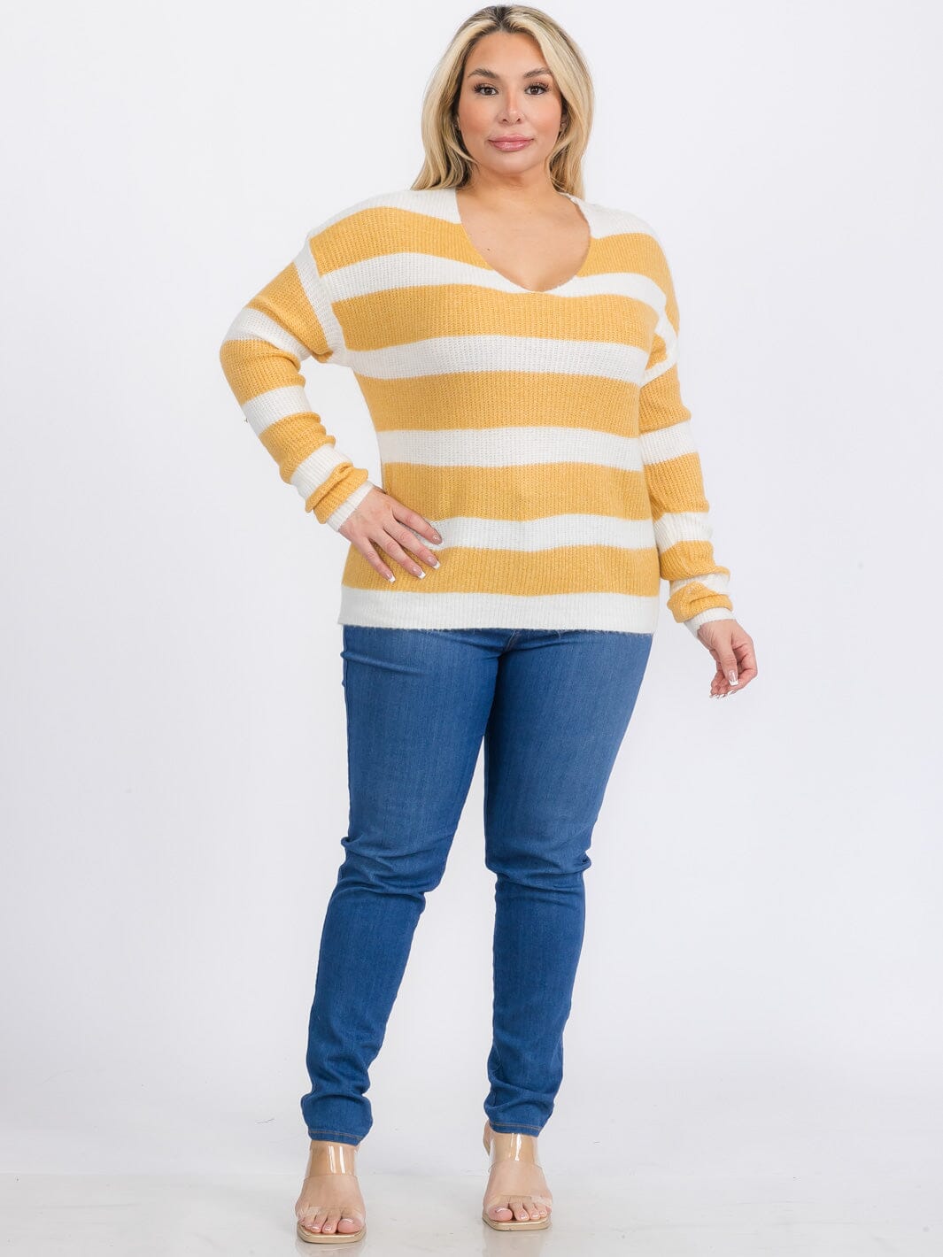PLUS SIZE LONG SLEEVES PULLOVER V-NECK COLORBLOCK STRIPES SWEATER