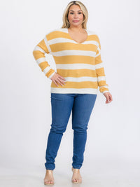 PLUS SIZE LONG SLEEVES PULLOVER V-NECK COLORBLOCK STRIPES SWEATER