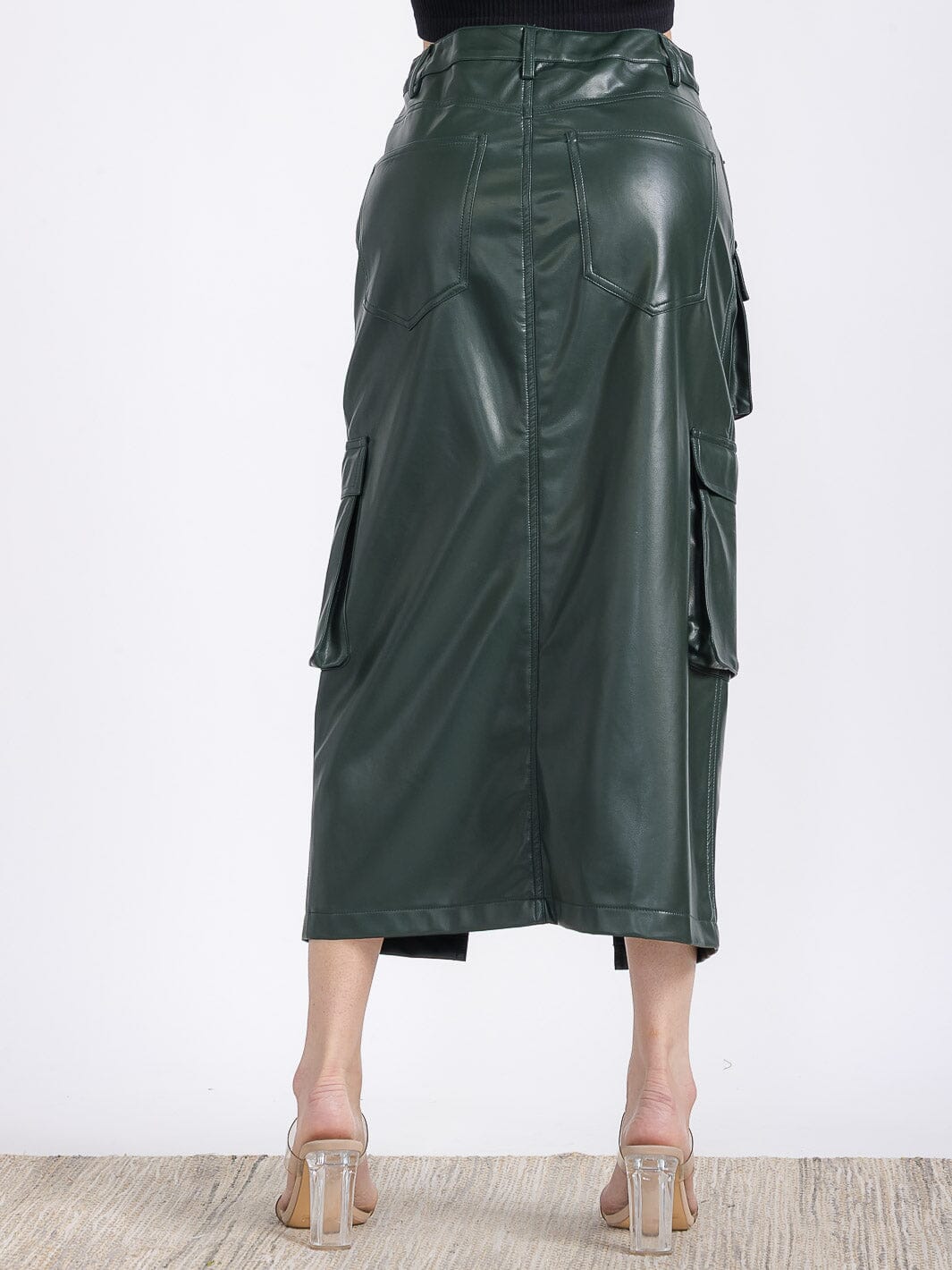 WOMEN'S BUTTON CLOSURE POCKETS PU PLEATHER MIDI SKIRT