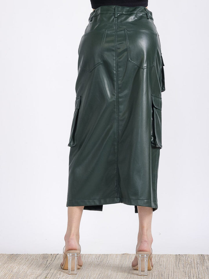 WOMEN'S BUTTON CLOSURE POCKETS PU PLEATHER MIDI SKIRT
