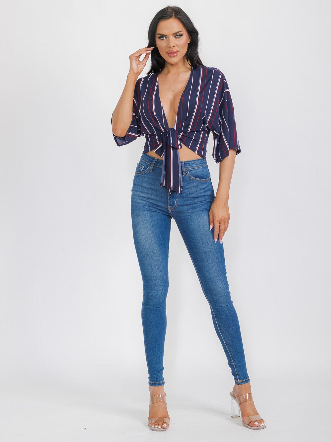 WOMEN'S SHORT SLEEVE SELF TIE MULTI STRIPES CARDIGAN