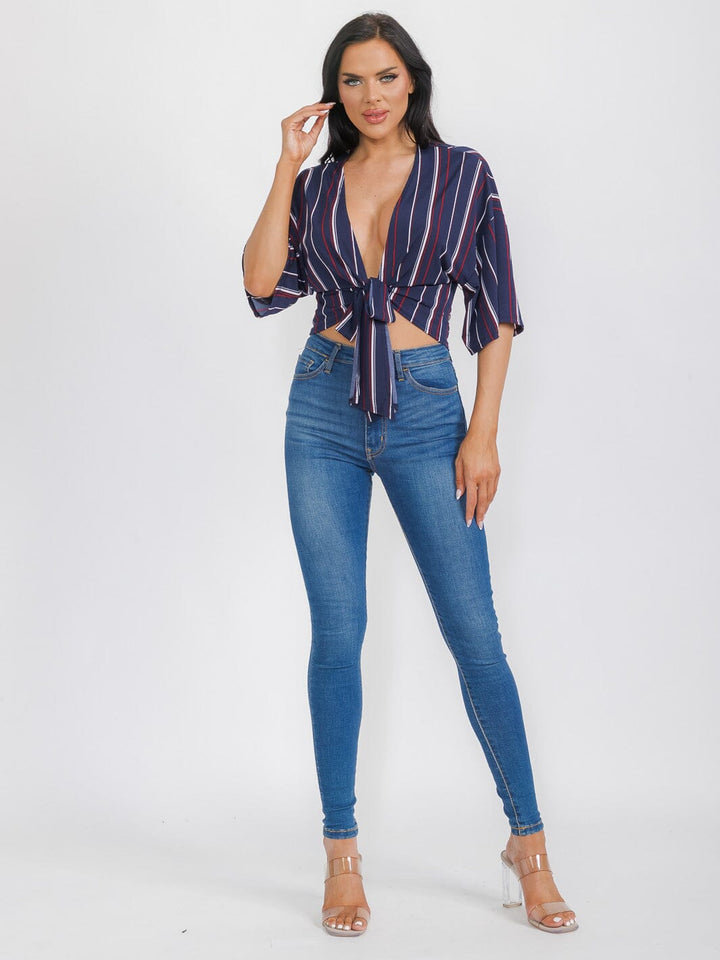 WOMEN'S SHORT SLEEVE SELF TIE MULTI STRIPES CARDIGAN