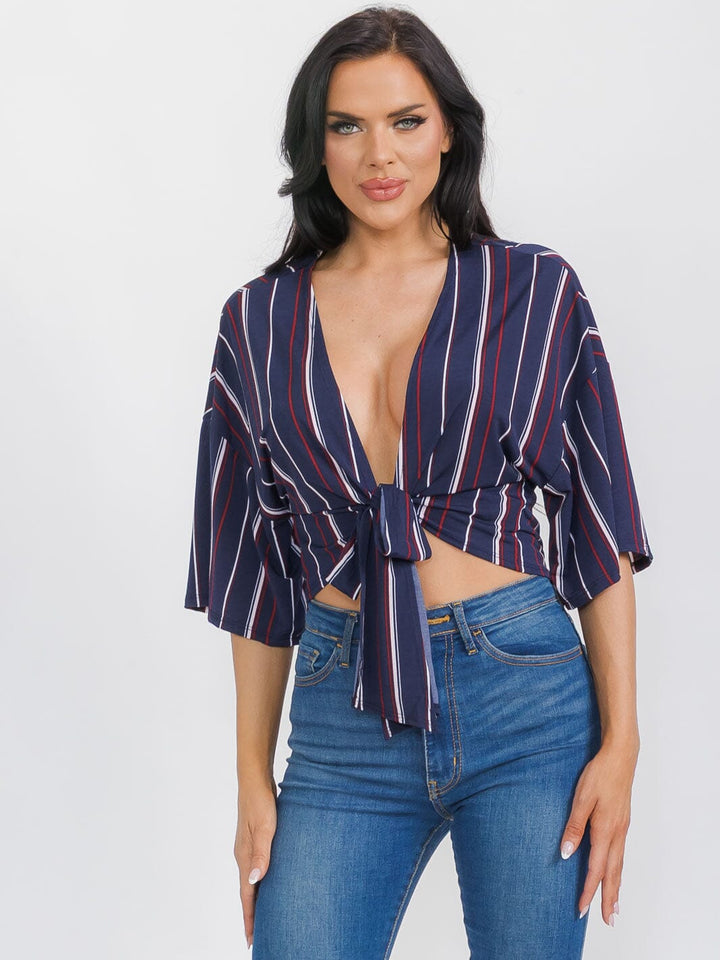 WOMEN'S SHORT SLEEVE SELF TIE MULTI STRIPES CARDIGAN