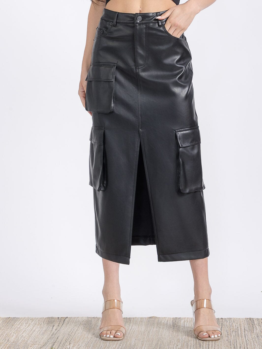 WOMEN'S BUTTON CLOSURE POCKETS PU PLEATHER MIDI SKIRT