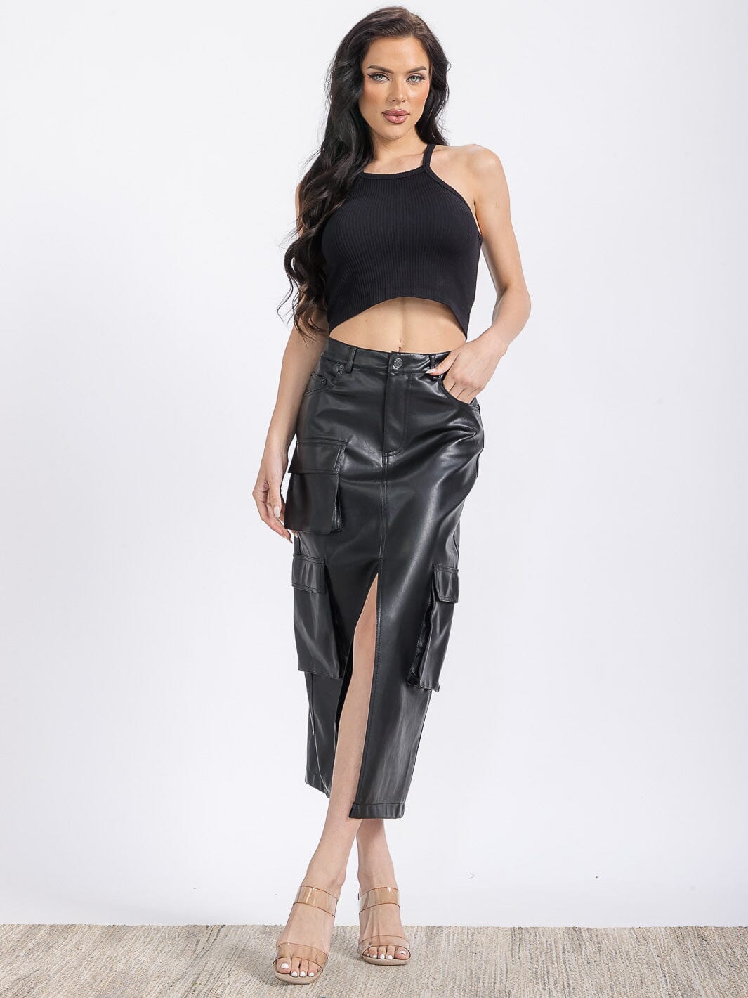 WOMEN'S BUTTON CLOSURE POCKETS PU PLEATHER MIDI SKIRT