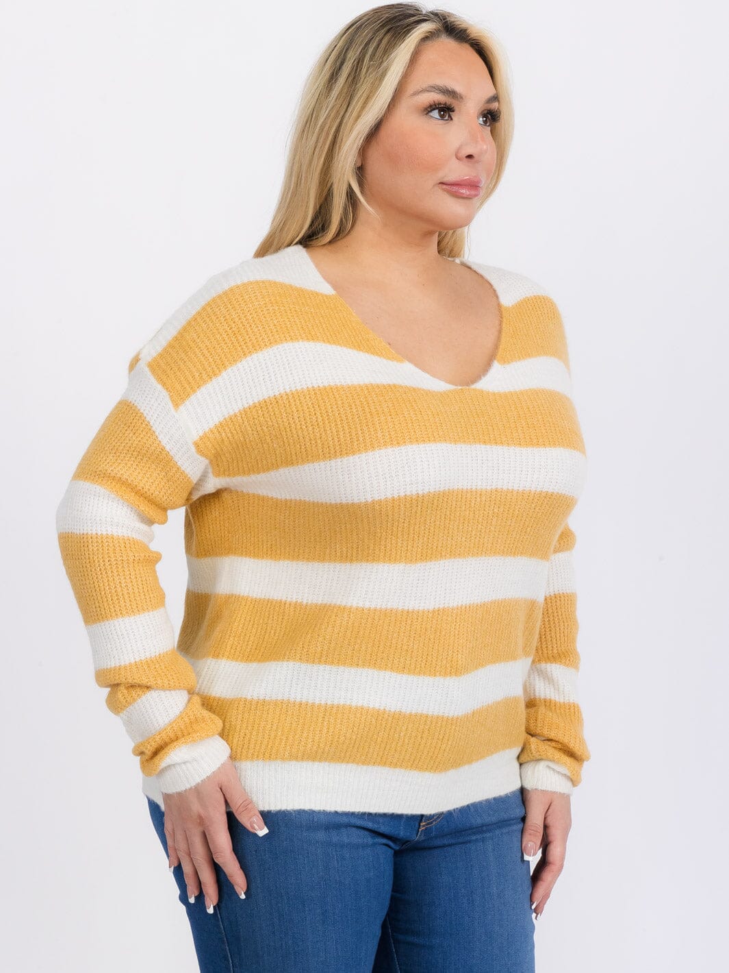 PLUS SIZE LONG SLEEVES PULLOVER V-NECK COLORBLOCK STRIPES SWEATER