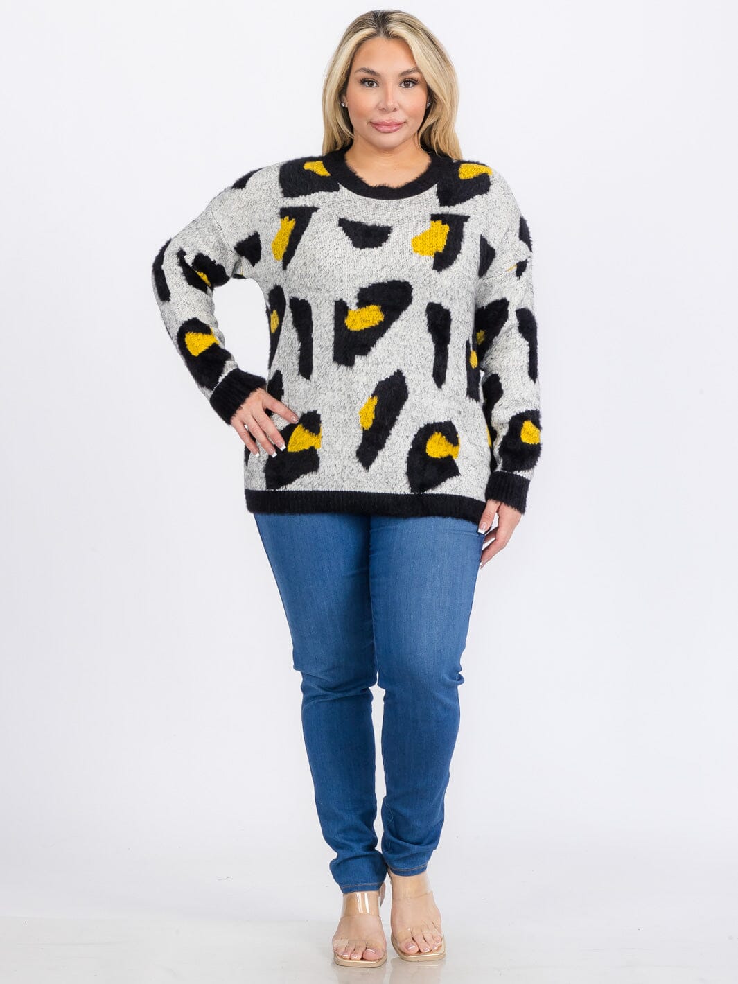 PLUS SIZE LONG SLEEVES PULLOVER COLORBLOCK ANIMAL PRINT SWEATER