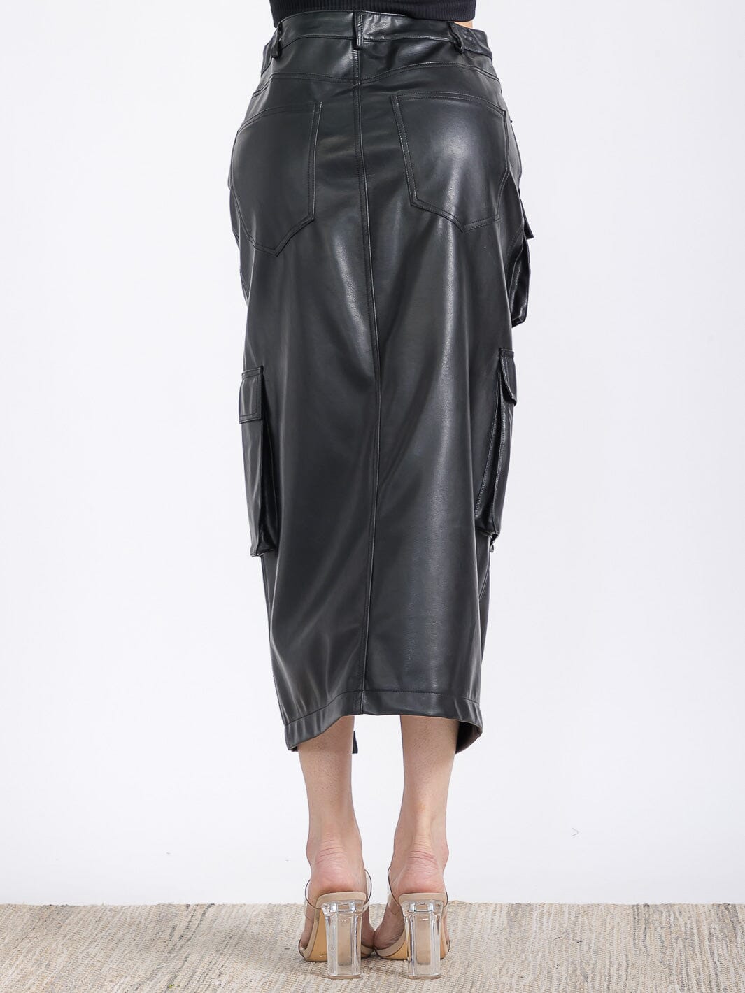 WOMEN'S BUTTON CLOSURE POCKETS PU PLEATHER MIDI SKIRT