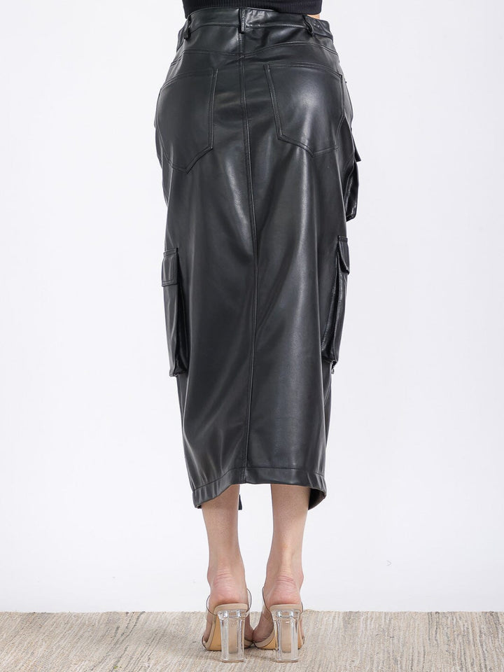 WOMEN'S BUTTON CLOSURE POCKETS PU PLEATHER MIDI SKIRT