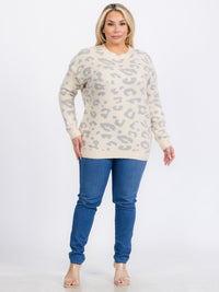 PLUS SIZE LONG SLEEVES PULLOVER COLORBLOCK ANIMAL PRINT SWEATER