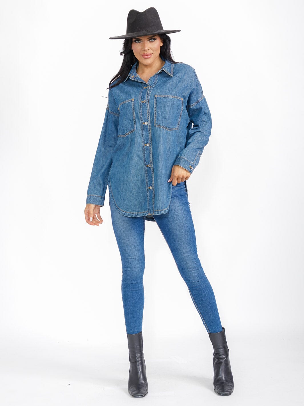WOMEN'S LONG SLEEVE BUTTON UP FRONT POCKETS DENIM TOP