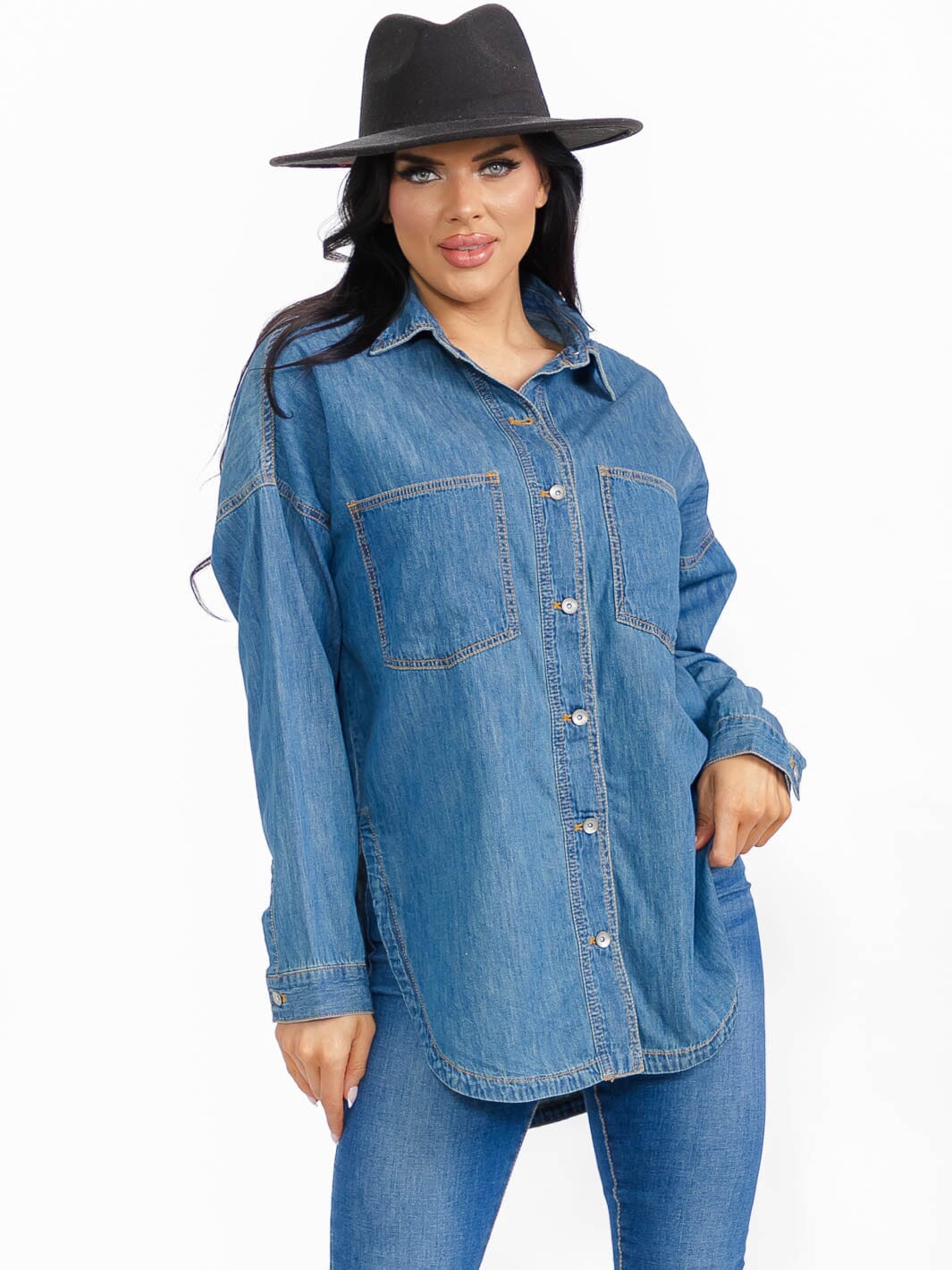 WOMEN'S LONG SLEEVE BUTTON UP FRONT POCKETS DENIM TOP