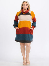 PLUS SIZE LONG SLEEVE TURTLE NECK FRONT POCKETS COLORBLOCK SWEATER MINI DRESS