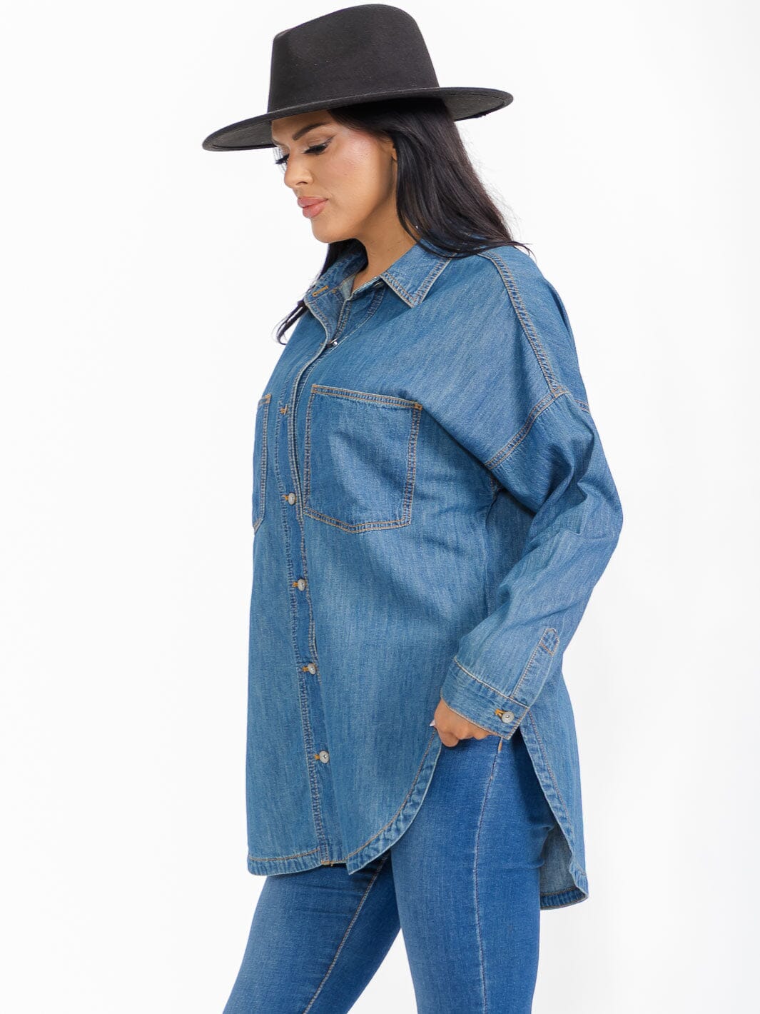 WOMEN'S LONG SLEEVE BUTTON UP FRONT POCKETS DENIM TOP