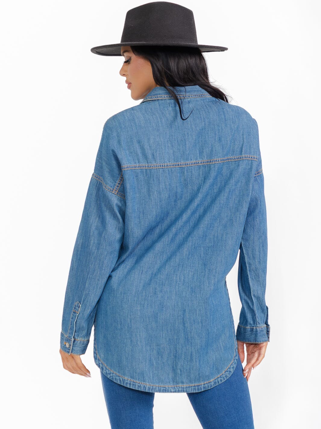 WOMEN'S LONG SLEEVE BUTTON UP FRONT POCKETS DENIM TOP