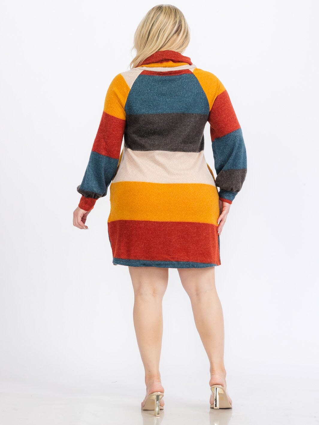 PLUS SIZE LONG SLEEVE TURTLE NECK FRONT POCKETS COLORBLOCK SWEATER MINI DRESS