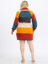 PLUS SIZE LONG SLEEVE TURTLE NECK FRONT POCKETS COLORBLOCK SWEATER MINI DRESS