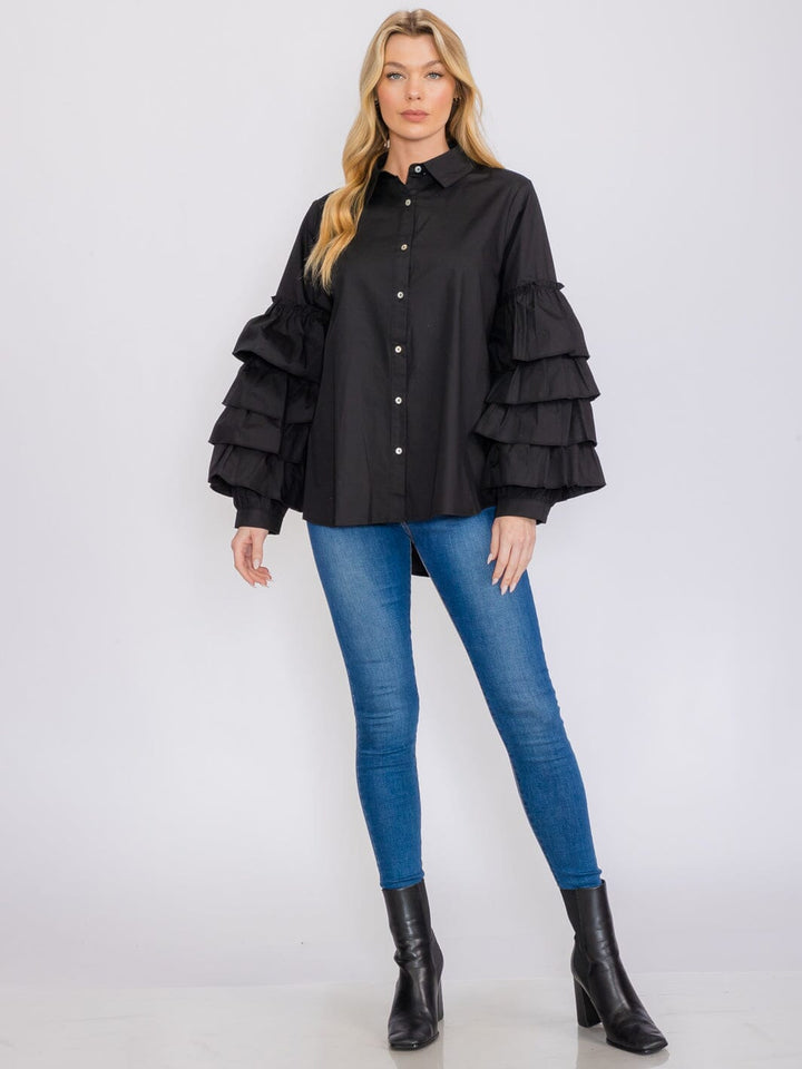 WOMEN'S LONG TIERED SLEEVES BUTTON UP HIGH-LOW BLOUSE