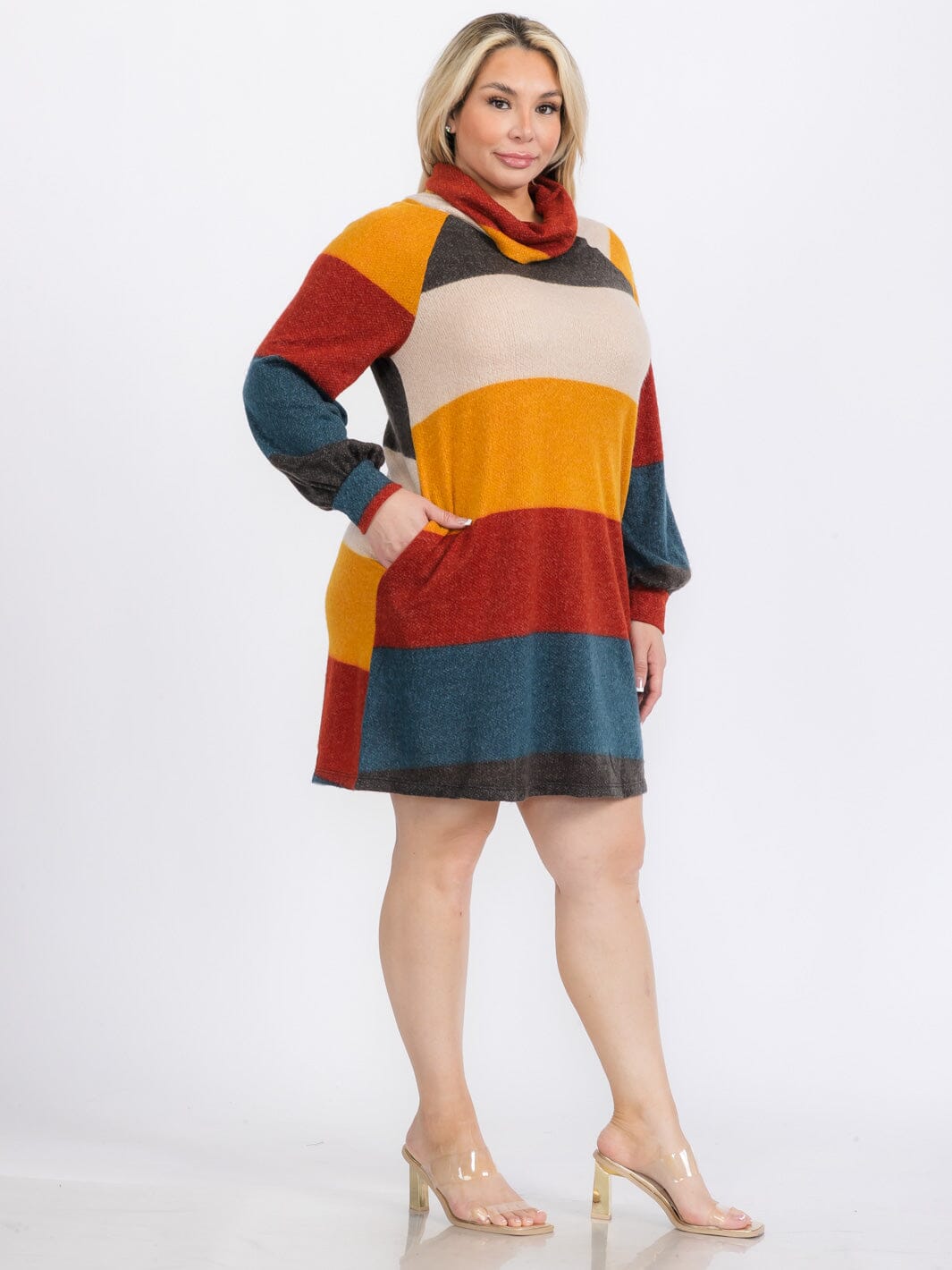 PLUS SIZE LONG SLEEVE TURTLE NECK FRONT POCKETS COLORBLOCK SWEATER MINI DRESS