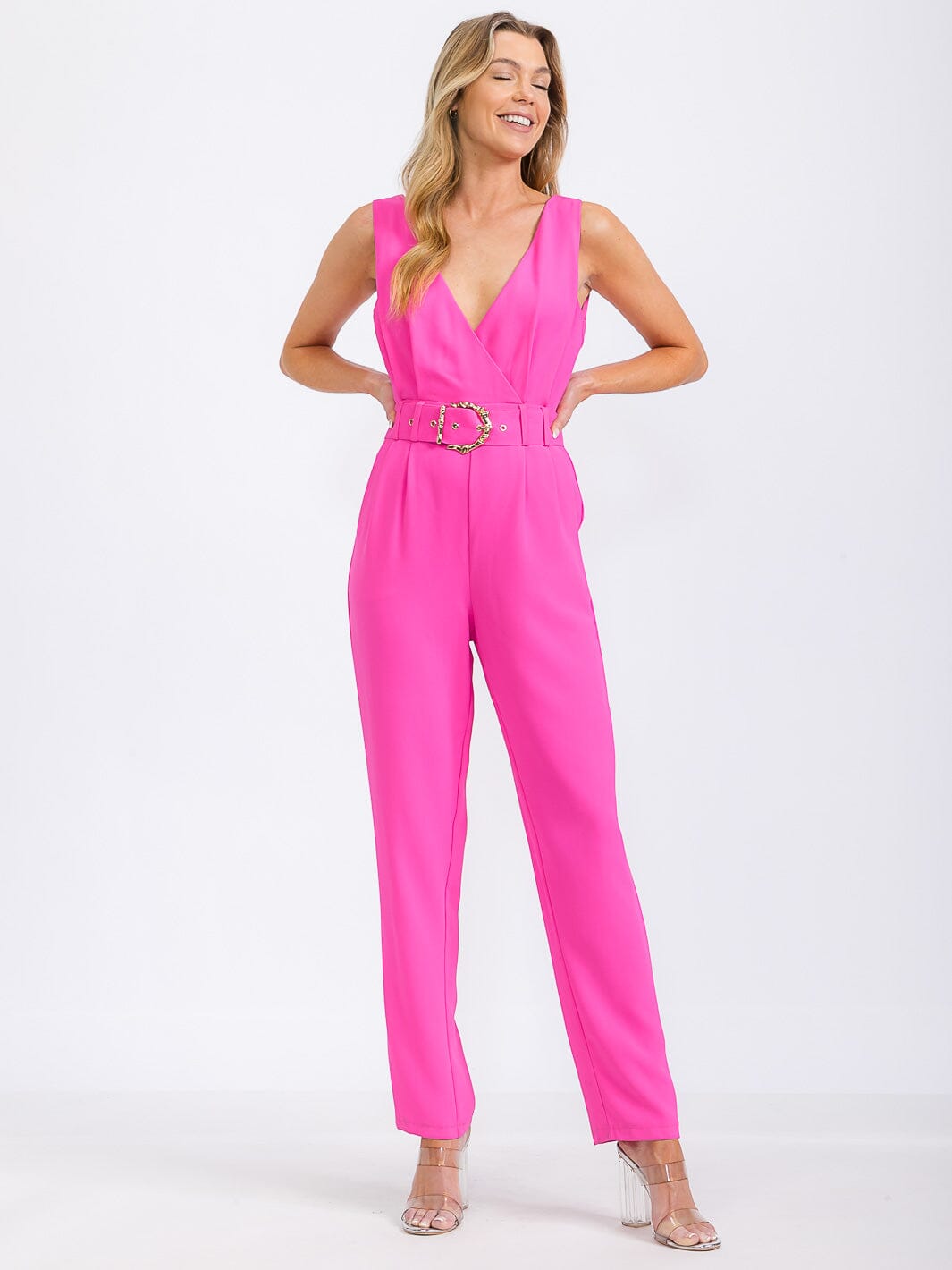 WOMEN'S SLEEVELESS SURPLICE BELTED FRONT POCKETS WIDE LEG JUMPSUIT