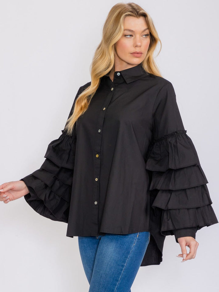 WOMEN'S LONG TIERED SLEEVES BUTTON UP HIGH-LOW BLOUSE