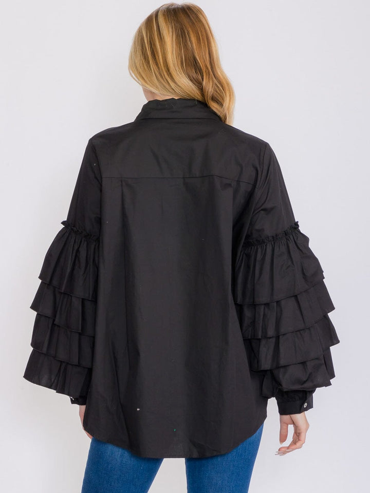 WOMEN'S LONG TIERED SLEEVES BUTTON UP HIGH-LOW BLOUSE