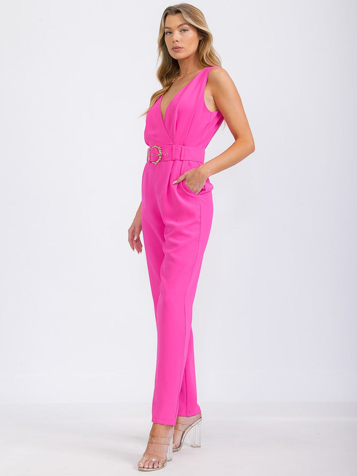 WOMEN'S SLEEVELESS SURPLICE BELTED FRONT POCKETS WIDE LEG JUMPSUIT