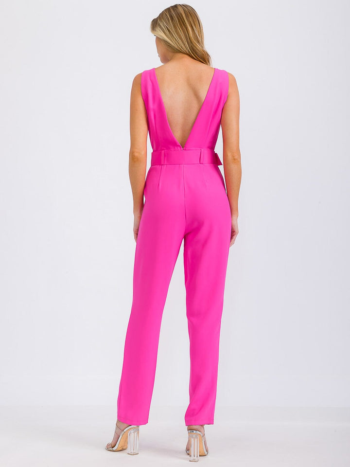 WOMEN'S SLEEVELESS SURPLICE BELTED FRONT POCKETS WIDE LEG JUMPSUIT