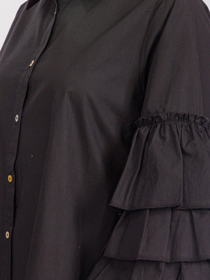 WOMEN'S LONG TIERED SLEEVES BUTTON UP HIGH-LOW BLOUSE