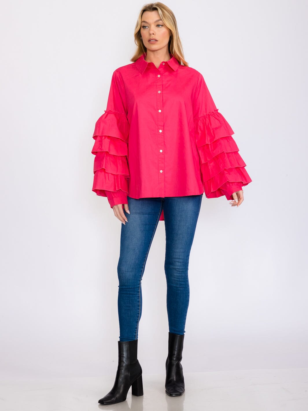 WOMEN'S LONG TIERED SLEEVES BUTTON UP HIGH-LOW BLOUSE