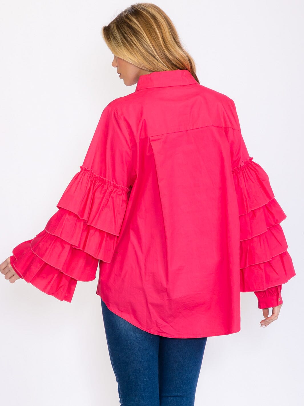 WOMEN'S LONG TIERED SLEEVES BUTTON UP HIGH-LOW BLOUSE
