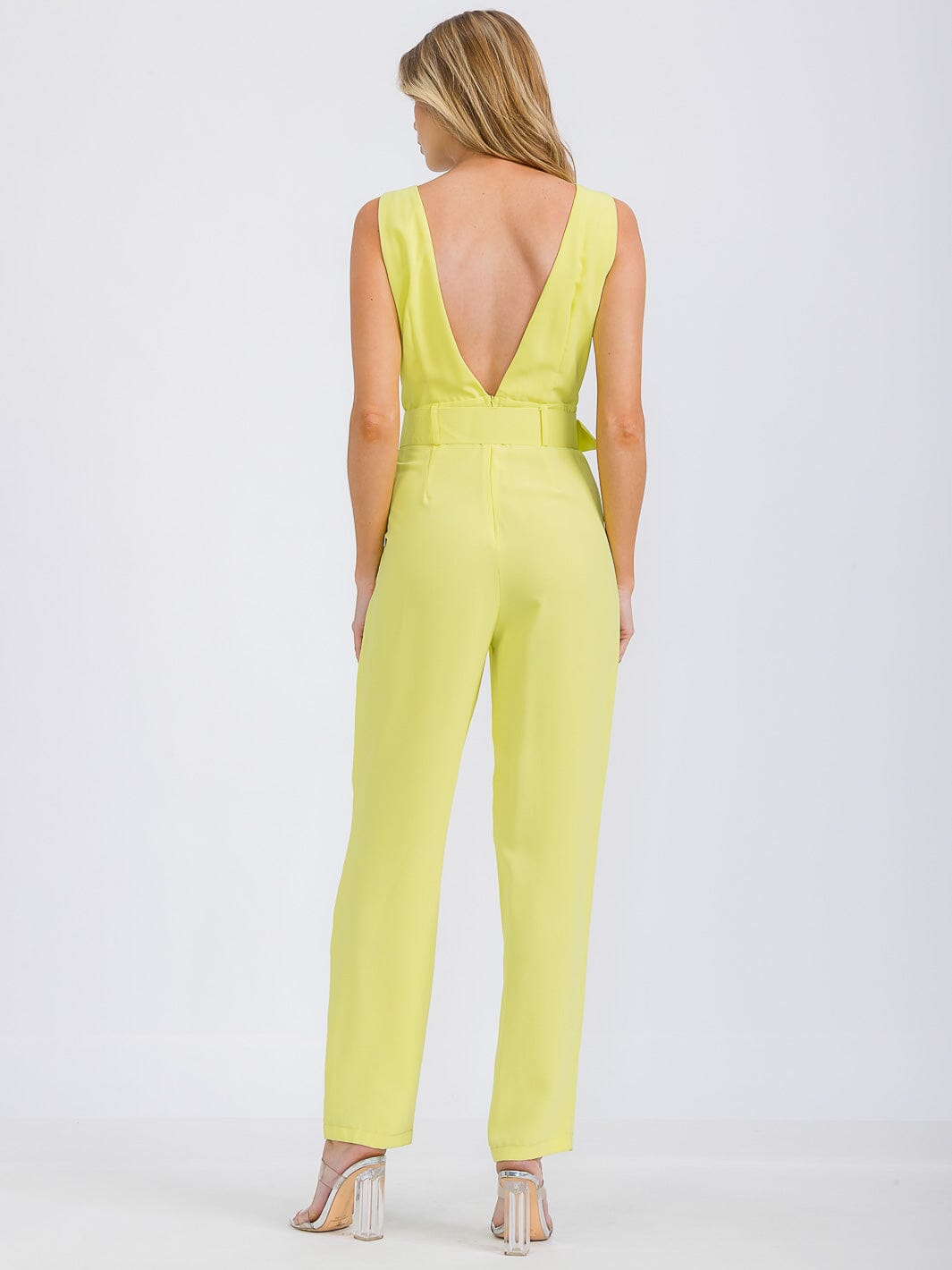 WOMEN'S SLEEVELESS SURPLICE BELTED FRONT POCKETS WIDE LEG JUMPSUIT