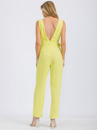 WOMEN'S SLEEVELESS SURPLICE BELTED FRONT POCKETS WIDE LEG JUMPSUIT