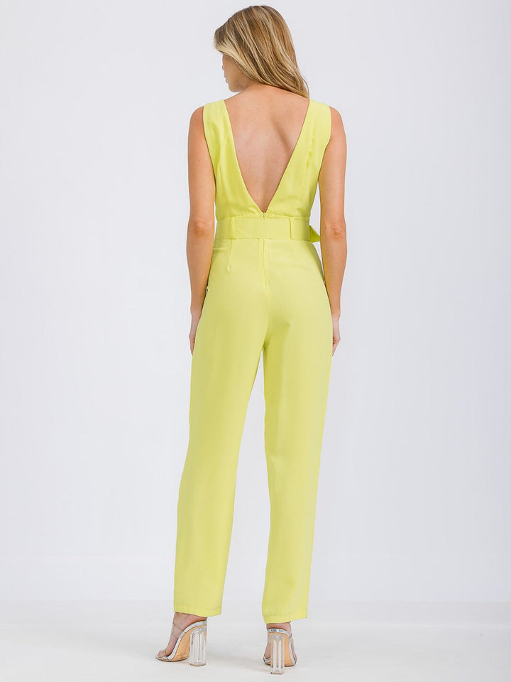 WOMEN'S SLEEVELESS SURPLICE BELTED FRONT POCKETS WIDE LEG JUMPSUIT