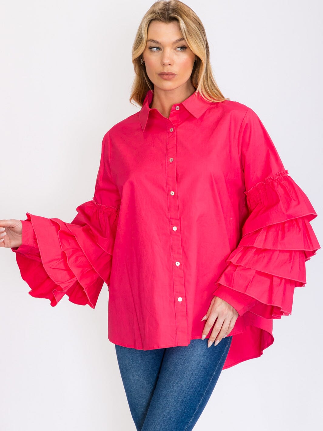 WOMEN'S LONG TIERED SLEEVES BUTTON UP HIGH-LOW BLOUSE