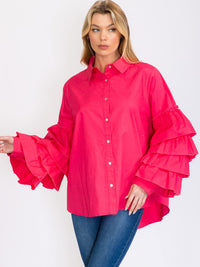 WOMEN'S LONG TIERED SLEEVES BUTTON UP HIGH-LOW BLOUSE