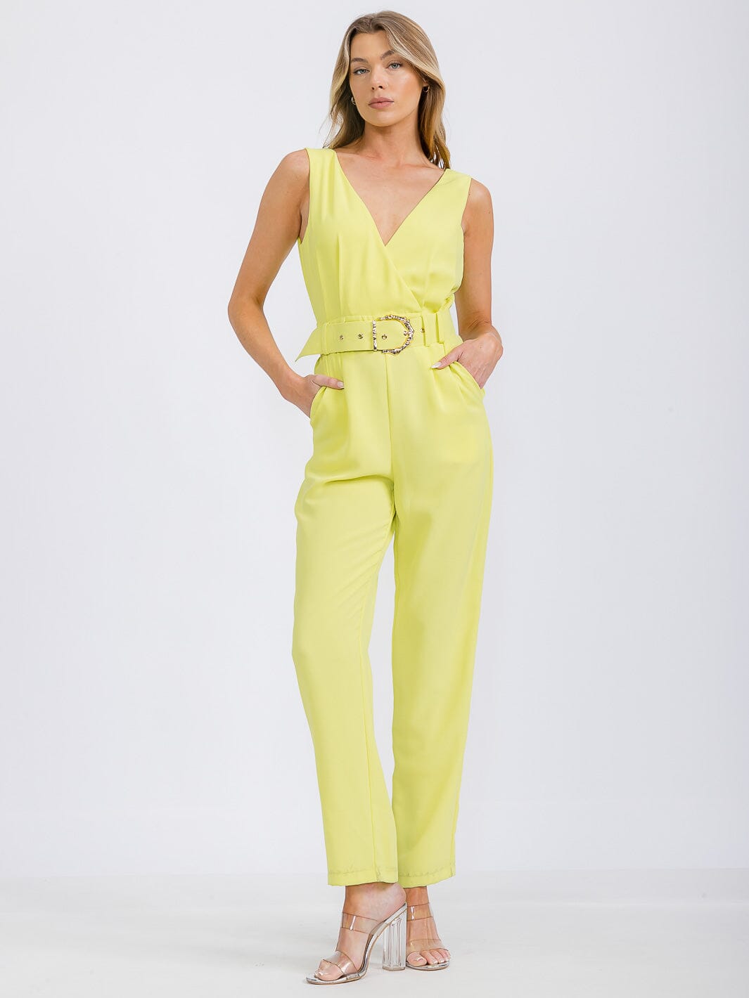 WOMEN'S SLEEVELESS SURPLICE BELTED FRONT POCKETS WIDE LEG JUMPSUIT