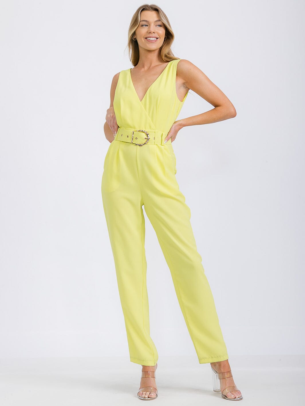 WOMEN'S SLEEVELESS SURPLICE BELTED FRONT POCKETS WIDE LEG JUMPSUIT